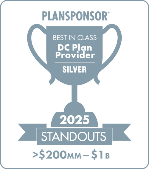 Logo: 2025 PLANSPONSOR Best in Class DC Plan Provider Standouts _ Silver: Plan Assets >$200MM-$1B, Desk Plaque