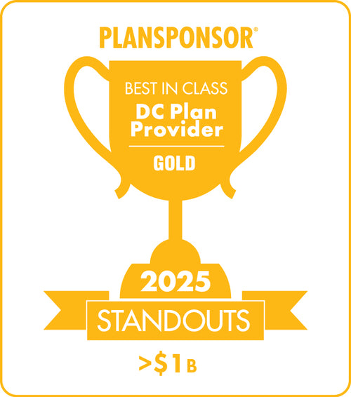 Logo: 2025 PLANSPONSOR Best in Class DC Plan Provider Standout_ Gold: Plan Assets >$1B, Desk Plaque