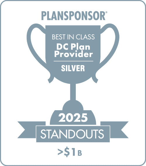 Logo: 2025 PLANSPONSOR Best in Class DC Plan Provider Standouts _ Silver: Plan Assets >$1B, Desk Plaque