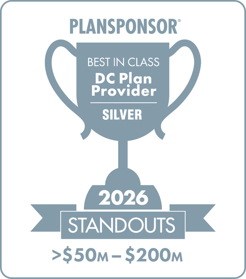 Logo: 2026 PLANSPONSOR Best in Class DC Plan Provider Standouts - Silver: Plan Assets  >$50M-$200M Desk Plaque